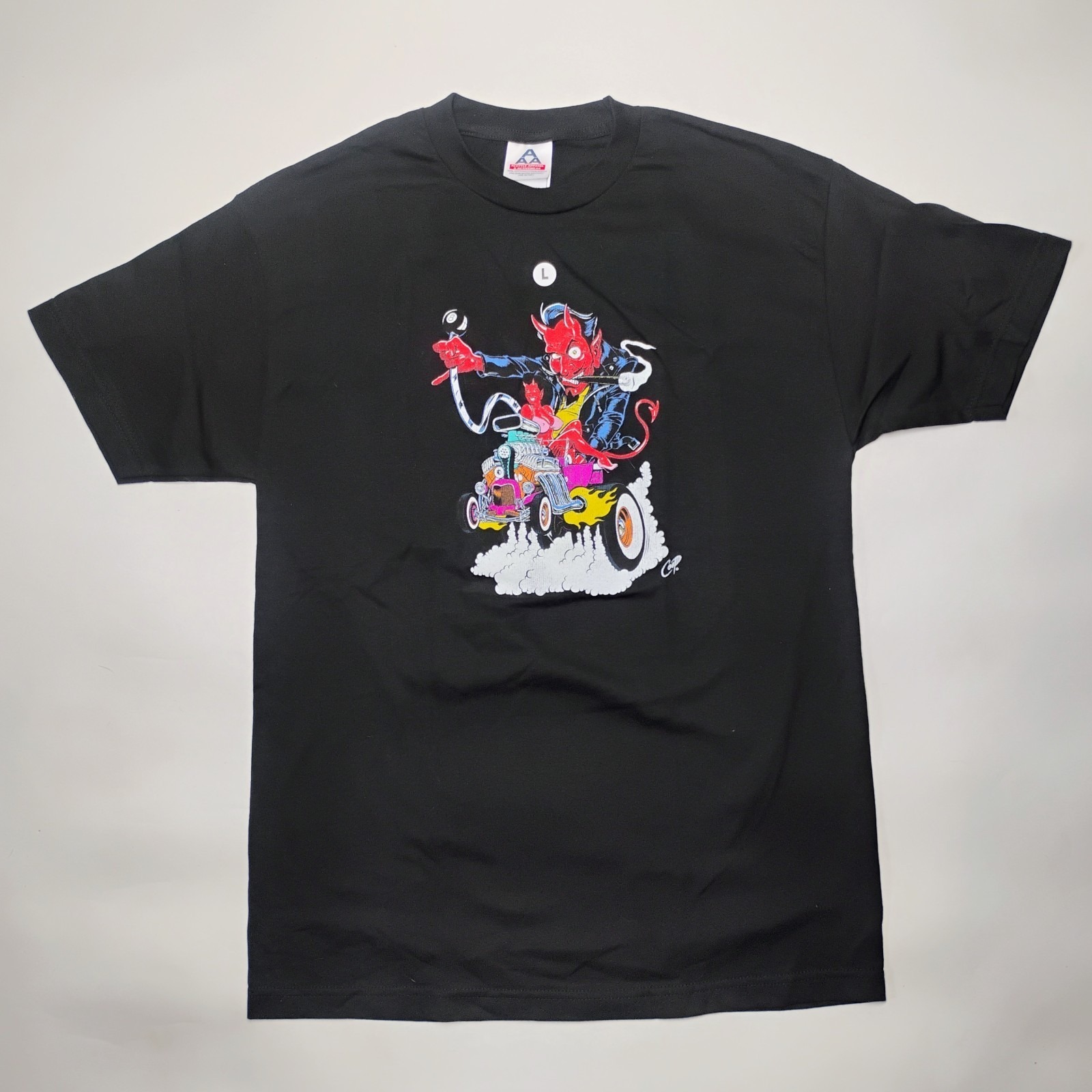 Coop Art Devil Riding Trike T-Shirt Black Tshirt Sz L Hot Rod Bike Vtg 90's Nos